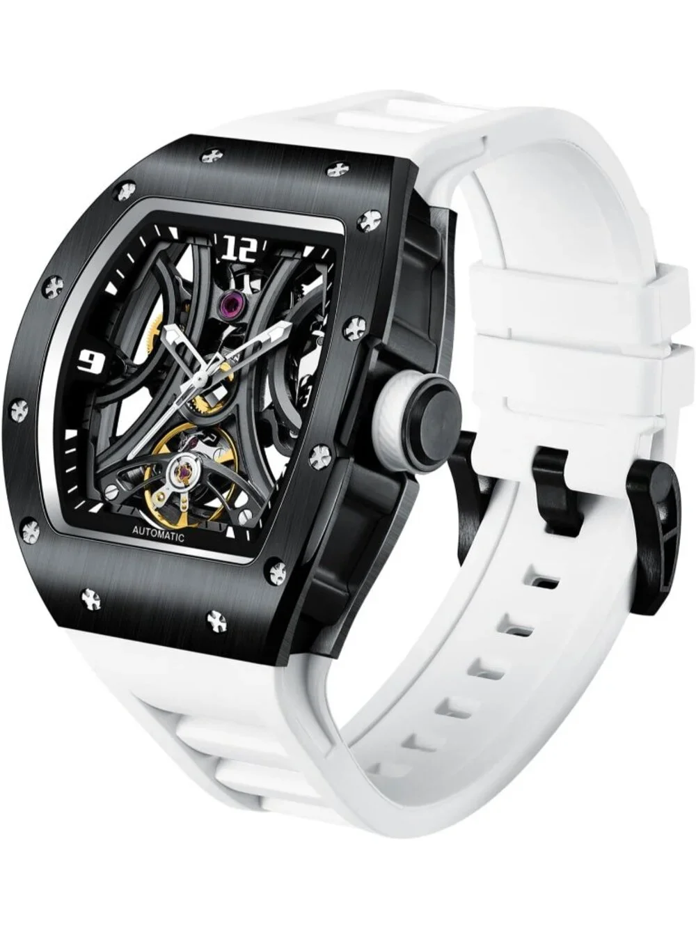 Men's White Black Automatic Analog Stainless Steel Case Silicone Strap Watches